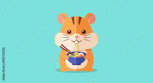 Cute Hamster Eating Noodles with Chopsticks