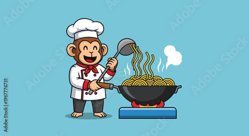 Cute Monkey Chef Cooking Noodles in Wok