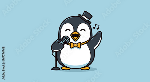 Cute Penguin Singing with Microphone, Wearing Top Hat and Bowtie
