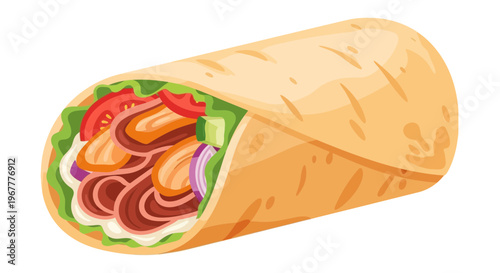 Delicious Chicken Shawarma Wrap with Fresh Vegetables on White Background