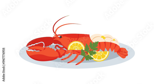 Delicious Lobster Meal with Lemon and Parsley on Plate, Seafood Illustration