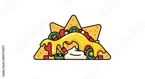 Delicious Nachos With Melted Cheese and Toppings, Flat Design Illustration