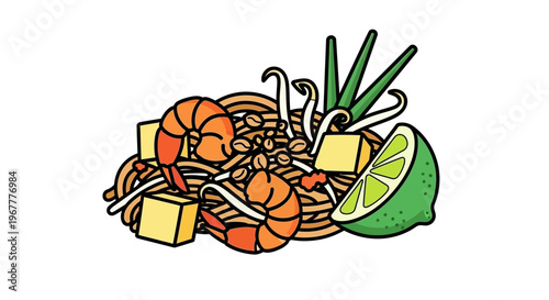 Delicious Pad Thai Noodles with Shrimp, Tofu, and Lime - Vector Illustration