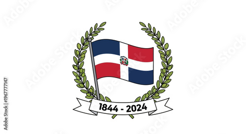 Dominican Republic Flag with Laurel Wreath and Anniversary Banner 1844-2024