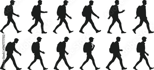 Black silhouette collection of a young man with a backpack walking in different poses isolated on a white background vector