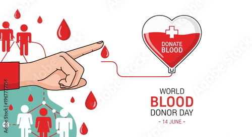 Donate Blood Concept: Hand, Blood Drop, Heart Bag, Donor Day - Vector Illustration