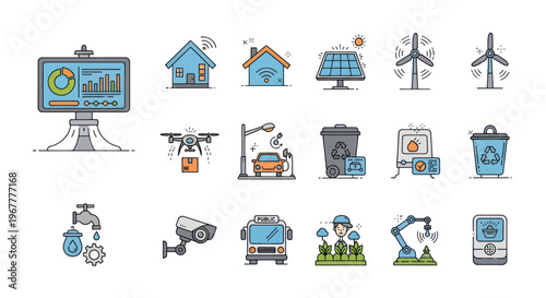 Smart City Technology Icons: IoT, Sustainability, Automation, AI, Future Living