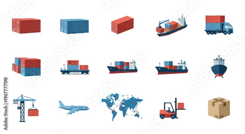 Global Shipping and Logistics Icons: Containers, Ships, Plane, Truck, Forklift, Crane, World Map