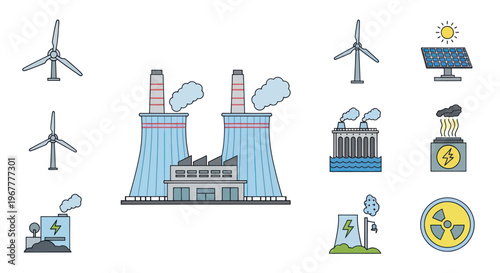 Renewable Energy Sources and Power Plants Collection Icons: Wind, Solar, Nuclear, Thermal