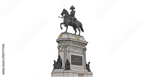 Equestrian Statue Monument on Pedestal with White Background