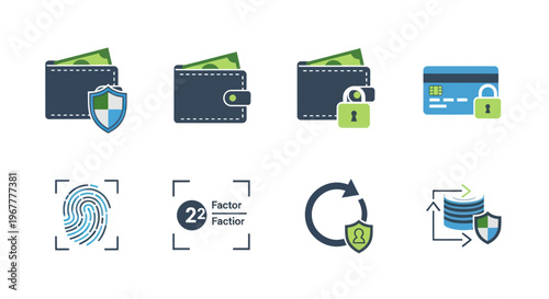 Secure Payment and Data Protection Icons: Wallet, Credit Card, Fingerprint, 2FA, Cloud