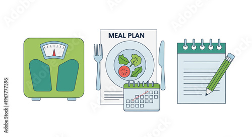 Healthy Lifestyle Icons: Weighing Scale, Meal Plan, Calendar, Notepad, Pencil