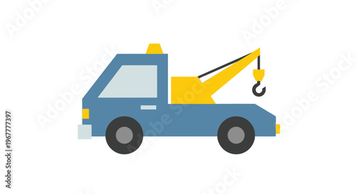 Flat illustration of a blue tow truck with yellow crane and hook, isolated on white background.