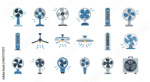 Collection of Diverse Electric Fan Icons and Illustrations on White Background
