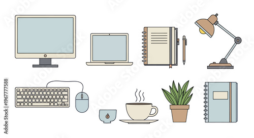 Home Office Supplies Collection: Desk Lamp, Laptop, Monitor, Keyboard, Mouse, Notebooks, Coffee Cup