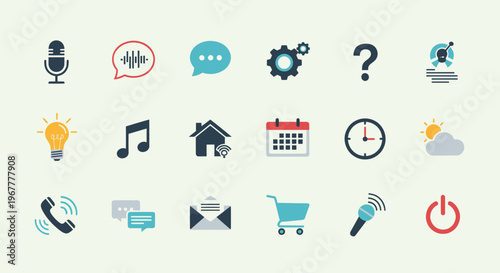 Collection of colorful flat icons representing technology, communication, and services