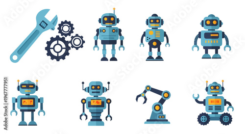 Robots and Tools: Diverse Androids, Mechanical Arm, Wrench, Gears - Flat Design