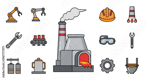 Industrial Factory Icons Set: Automation, Manufacturing, Heavy Industry, and Safety Equipment