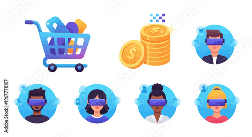 Virtual Reality Shopping Icons: Shopping Cart, Coins, People with VR Headsets