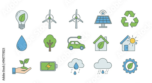 Eco-friendly icons: energy, nature, sustainability, green technology, renewable resources