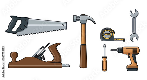 Collection of carpentry tools: hand saw, plane, hammer, screwdriver, drill, tape measure, wrench