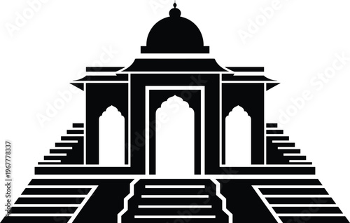 Black silhouette of a traditional Indian temple or palace building with dome architectural details and stairs isolated on white background.