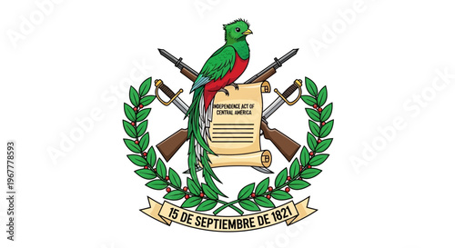 Guatemala National Emblem with Resplendent Quetzal and Crossed Rifles