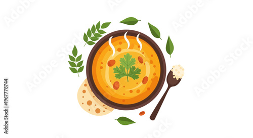 Healthy Vegetable Soup with Herbs and Flatbread, Served in a Bowl with Spoon