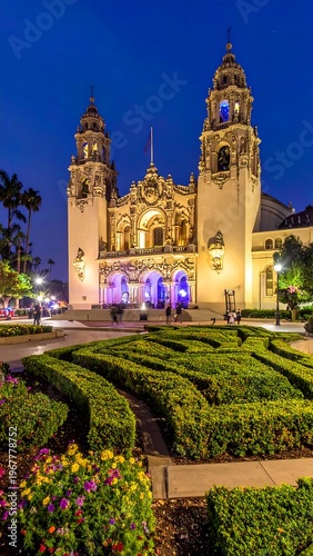 Ornate building at dusk with decorative hedge and vibrant night lights