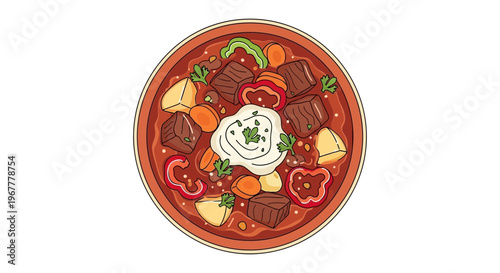 Hearty Goulash Soup with Beef, Vegetables, and Sour Cream, Top View