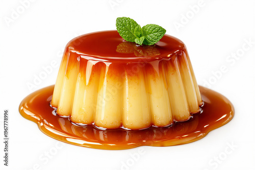 Classic caramel flan pudding topped with mint on clean white background studio