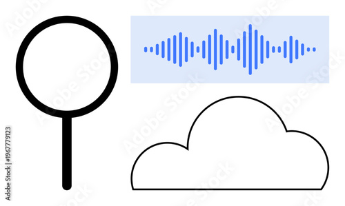 Voice recognition. Voice recognition by soundwaves, magnifying glass for search, and cloud for storage. Voice recognition in AI, cloud services, data, search engines, digital apps