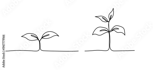 Set of  minimal line art of small plant growing from a simple ground line in growth healing and gradual progress concept, editable stroke.