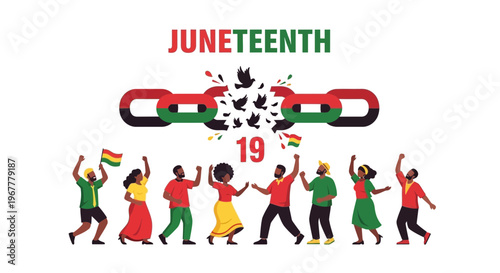 Juneteenth Celebration: Diverse People Rejoice, Broken Chains Symbolize Freedom