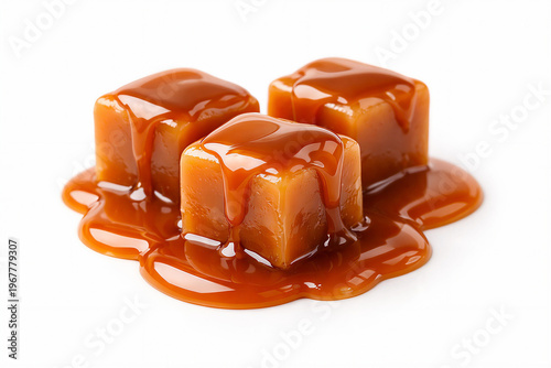 Soft caramel dessert cubes covered with flowing caramel sauce isolated white background