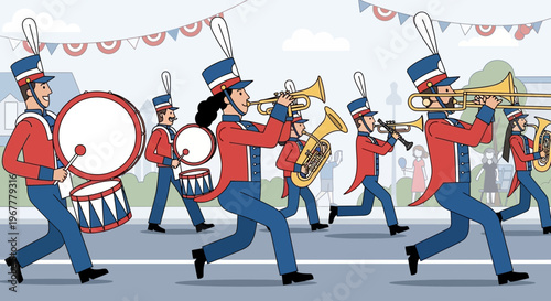 Marching Band Parade with Brass Instruments and Drums