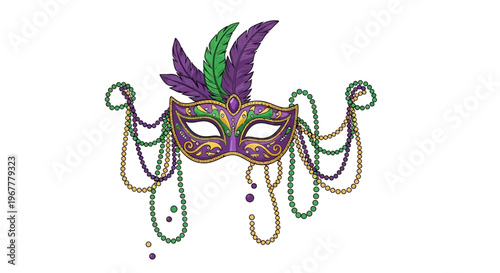 Mardi Gras Mask with Beads and Feathers - Purple, Green, Gold