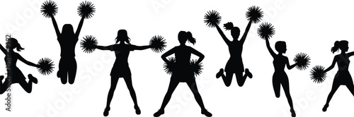 Black silhouettes of cheerleaders jumping and dancing with pom poms, performing high energy cheerleading routines isolated on white background.