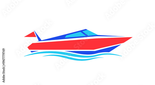 Modern Speedboat illustration in Red, Blue, and White on Water