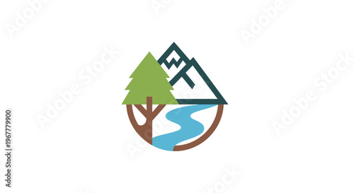 Nature landscape logo with tree, river, and mountains, eco friendly concept