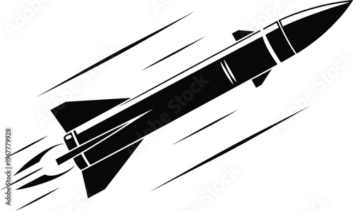 Rocket missile silhouette illustration, fast flying space projectile icon in black and white representing aerospace technology military launch and defense system design.
