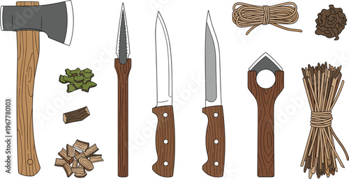 Bushcraft tools vector set with axe knives rope tinder and woodcraft equipment survival illustration isolated on white background