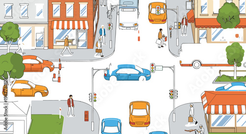 Busy urban city intersection with cars pedestrians traffic lights shops and street life vector illustration set isolated on white background