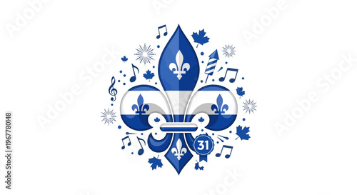 Quebec National Day Celebration - Fleur de Lis, Maple Leaves, Fireworks, Music Notes