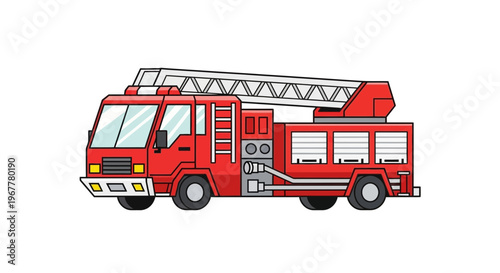 Red Fire Truck with Ladder, Vector Illustration