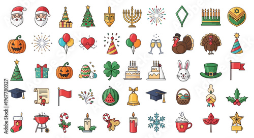 Set of Holiday and Celebration Icons: Christmas, Halloween, Thanksgiving, Easter, New Year, Birthday
