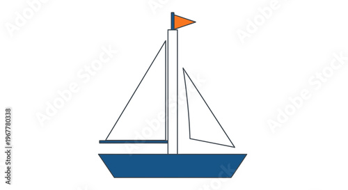 Simple Blue Sailboat with Orange Flag on White Background