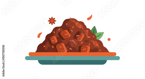Spicy Stew Dish with Star Anise and Leaves, Flat Illustration