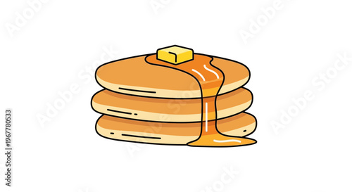 Stack of delicious pancakes with melting butter and syrup, isolated on white background