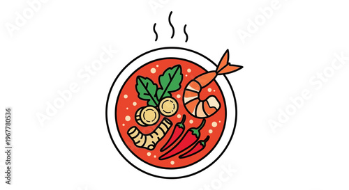 Spicy Tom Yum Soup with Shrimp, Chili and Ginger - Flat Design